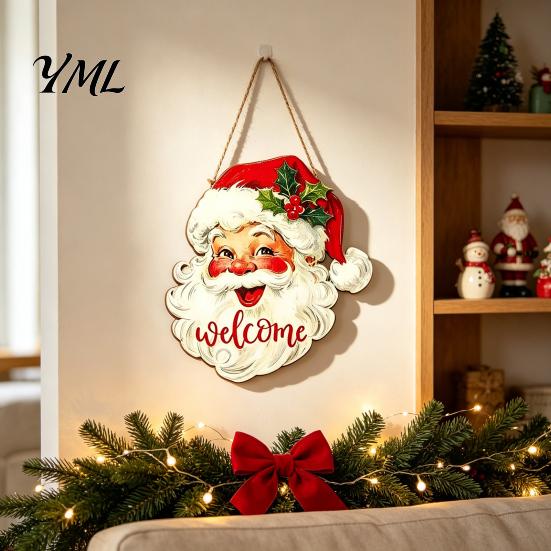 Wooden Door Decorations Christmas Hanging Sign, 2D Santa Snowman Welcome Plaque, Xmas Wall Fireplace Ornament, Holiday Decor for Front Porch,