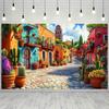 The Vibrant Mexican Village Party Banner - Colorful Street Scene with Potted Plants and Cobblestone Paths