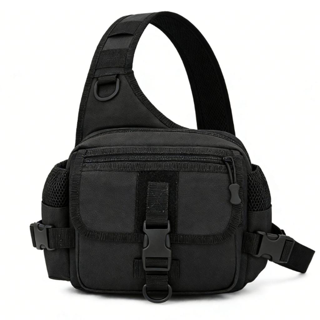 Outdoor Sling Bag for Men Nylon Water Proof Chest Shoulder Pack Sling Fishing Backpack for Hiking Camping Black