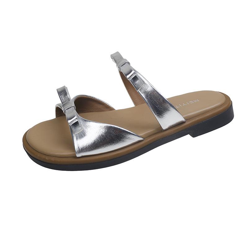 

French bow soft bottom flat bottom cool slippers women s 2025 summer wear one pedal versatile comfortable slippers breathable 40 срібний