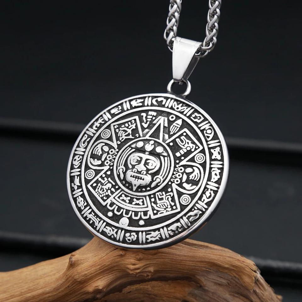 Vintage Ethnic Black Pattern Mayan Symbol Pendant Necklace For Men Stainless Steel Fashion Biker Heavy Jewelry
