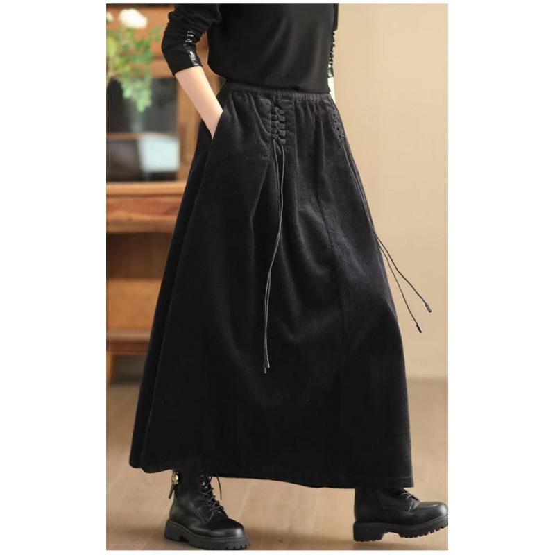 Women's Spring Autumn Winter Japan South Korea Temperament Retro Corduroy Skirt Elastic Waist Temperament Pendulum Skirt Velvet Long Skirt