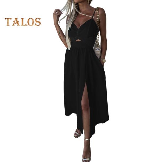 

Женское отпускное платье с глубоким вырезом и V-образным вырезом на тонких бретельках с открытой спиной и без рукавов с боковым разрезом Плиссированное сплошное цветное пляжное вечернее платье миди Летнее длинное XL чёрный