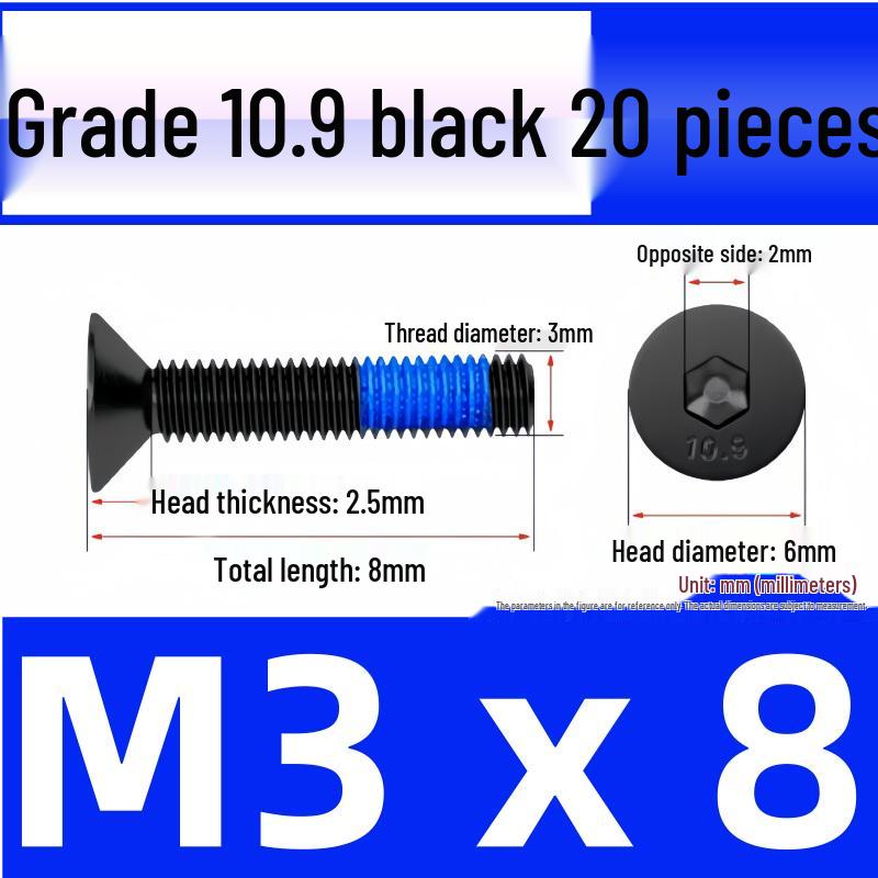 Black Anti-Slip Flat Cup Screw with Adhesive Blue Glue, Countersunk Hexagon Socket, Available in M2-M8 Sizes