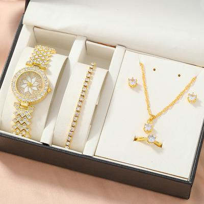 Women's Luxury Full Diamond Compact Five-piece Accessory Set Gift Box Versatile Quartz Wrist Watch