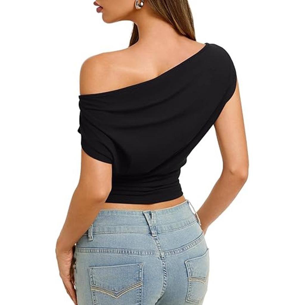 Dames Casual Mode Schuin Afvallende Schouder T-shirt, Slim-fit, Off-shoulder, Korte Mouwen Top