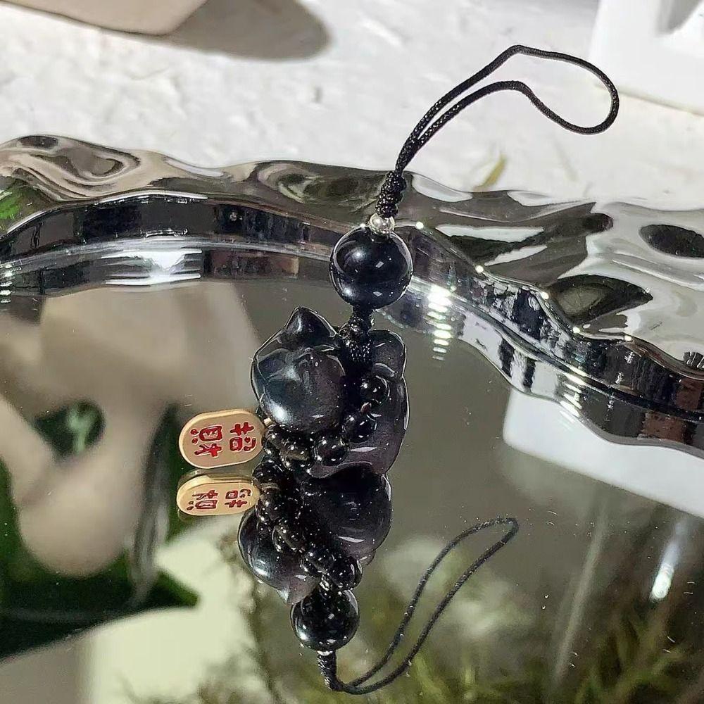 Bag Charms Lucky Cat Keychain Silver Obsidian Cat Car Key Ring Braid Rope Pendant  Couple