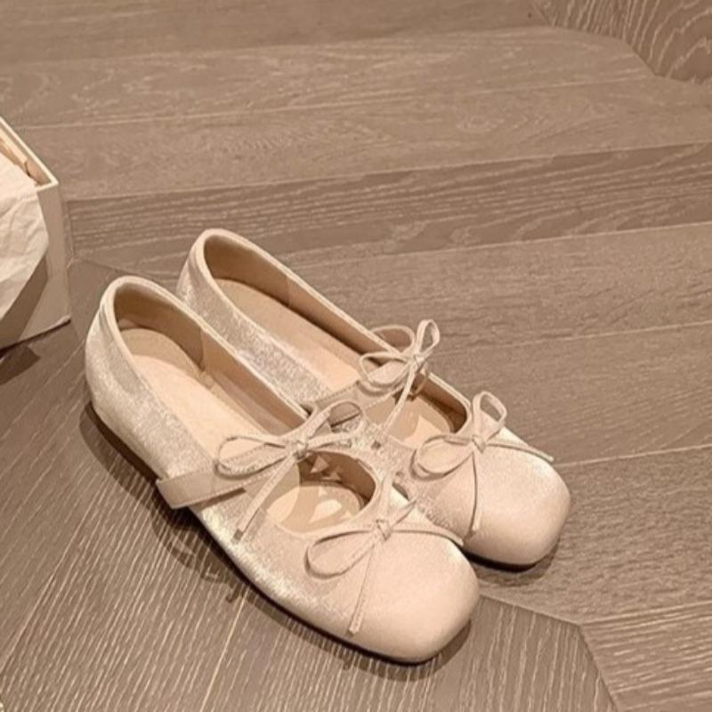 Fashion Flat Inside Heightener Single Shoes Autumn New Square Toe Shallow Bow One Strap Soft Sole Non-Slip Low Top Shoes