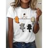 European sizesRound Neck Casual Top, White with Colorful Cat Design, Breathable & Comfortable for Spring/Summer, Casual Attire, Cat Tshirt