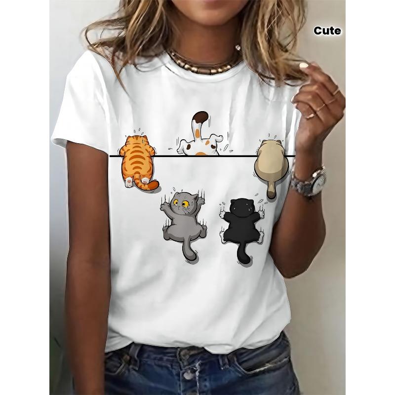 European sizesRound Neck Casual Top, White with Colorful Cat Design, Breathable & Comfortable for Spring/Summer, Casual Attire, Cat Tshirt
