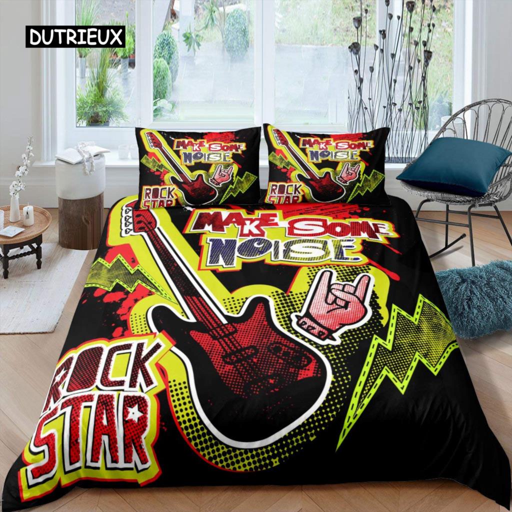 

Рок-музика Підодіяльник King Jazz Music Комплект постільної білизни для підлітків Хіп-хоп Графіті Підодіяльник Музичні ноти Поліестеровий підодіяльник 150x200cm 3pcs