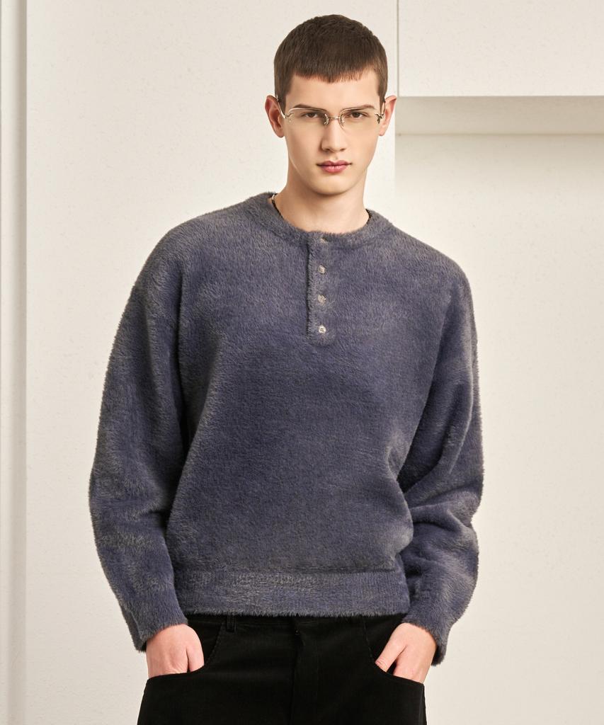 HYOJI Fw Oversized Heavy Angora Semi-Crop Henley Neck Knit (7 Colors)