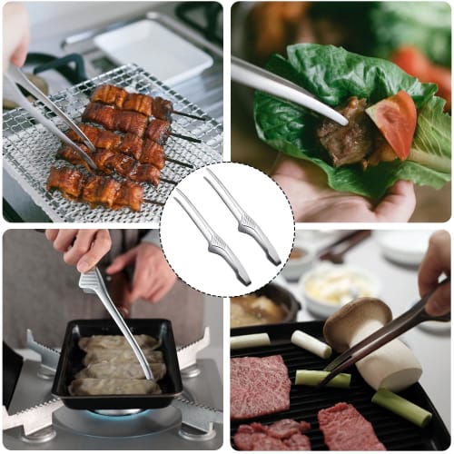 LYHMHAMY Stainless Steel Yakiniku Tongs, Set of 2, Non-Slip, Lightweight, Freestanding, Durable and Abrasion Resistant, for Camping, BBQs, Cooking, Co
