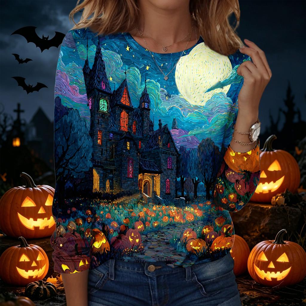 Women's Halloween Print Pullover Sweatshirt Long Sleeve Crew Neck Casual Top Comfortable Fit Seasonal Design