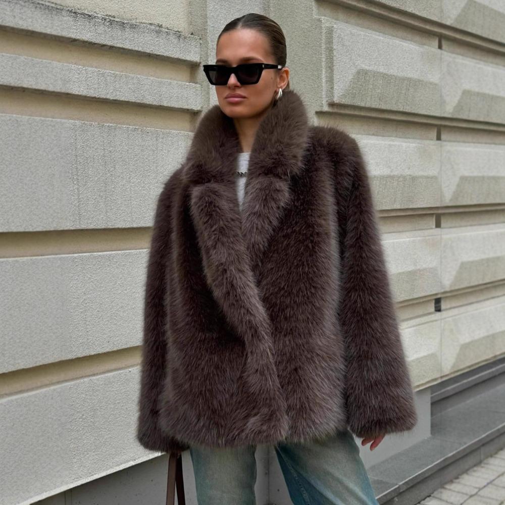 Damen Umlegekragen Langarm Kunstfuchs Pelzjacke Lockere Passform Pendlerstil Pelzmantel