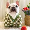 Bouledogue Français Vêtements d'Hiver pour Chien Manteau Gilet Chaud et Épais Costume pour Chien Rond Costume Bouledogue Carlin Plaid Vert Vêtements pour Chien Animal