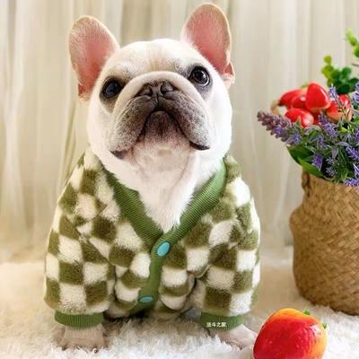 Französische Bulldogge Winter Hundekleidung Mantel Weste Jacke Warm und Verdickt Fett Hund Kostüm Bulldogge Mops Grün Kariert Haustier Hundekleidung