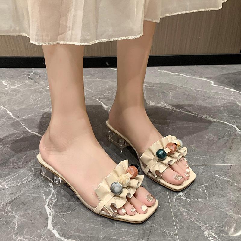 French crystal thick-heeled one-word slippers for women's outerwear 2025 summer new fashionable versatile small fresh high-heeled sandals