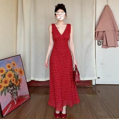 Seaside Vacation Elegant Red V-neck Floral Sleeveless Dress for Women, Spring 2026 New Stylish Long Dress for Women