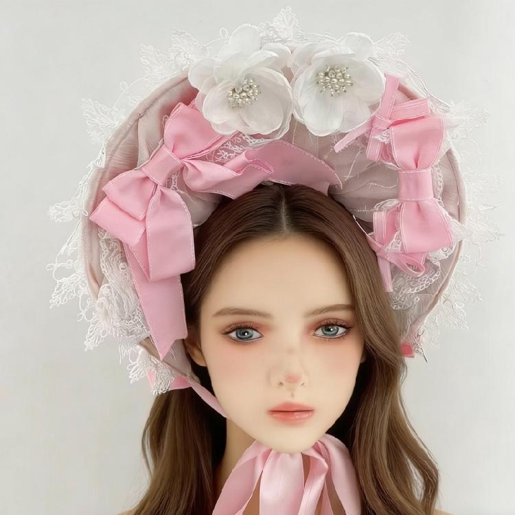 Romance Bonnet Hat Styling Headbands Lace Flower Hairhoop For Women Girl Anime Event Photoshoots And Costume Parties