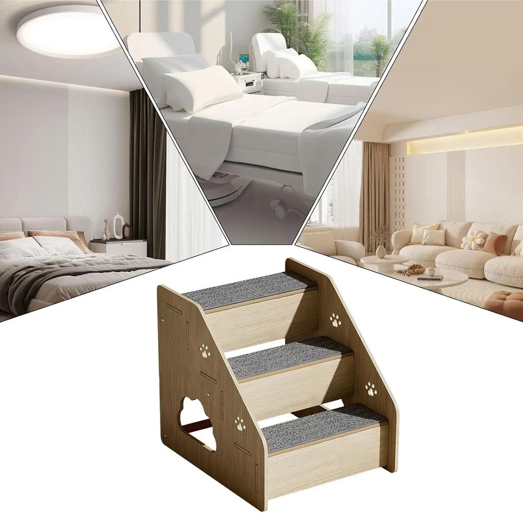 Eco-Friendly Wooden Pet Stairs - Dog Steps with Anti-Slip Diamond Treads & Adjustable Height for Beds/Couches