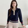 STyle LaTTe Women ConTrasT Collar Long Sleeve KniT T shirT 2 Colors