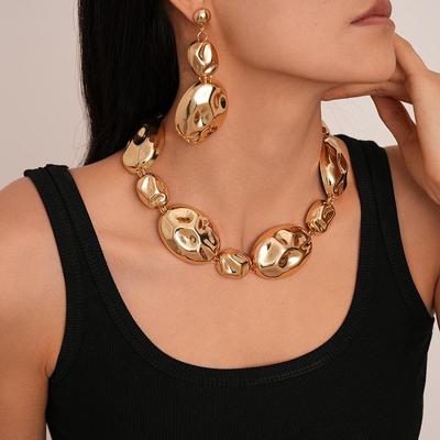 High-End European & American Metal Oval Earrings and Necklace Set - Simple Clavicle Chain for Women