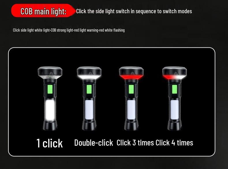 High-Brightness Magnetic USB Rechargeable Flashlight with Side Light for Outdoor Use