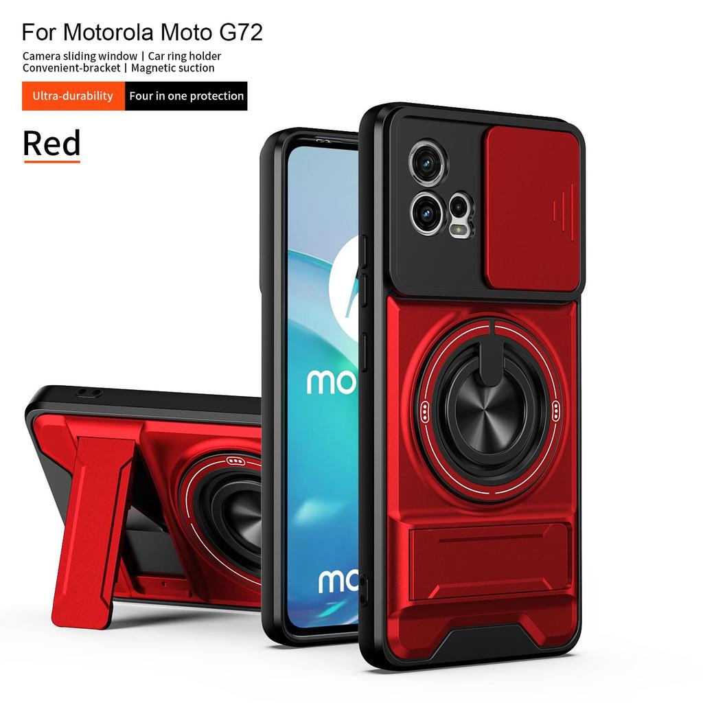 Slide Camera Cover Compatible for Motorola Moto G72 Case With Built-in Ring Stand and Folding Stand