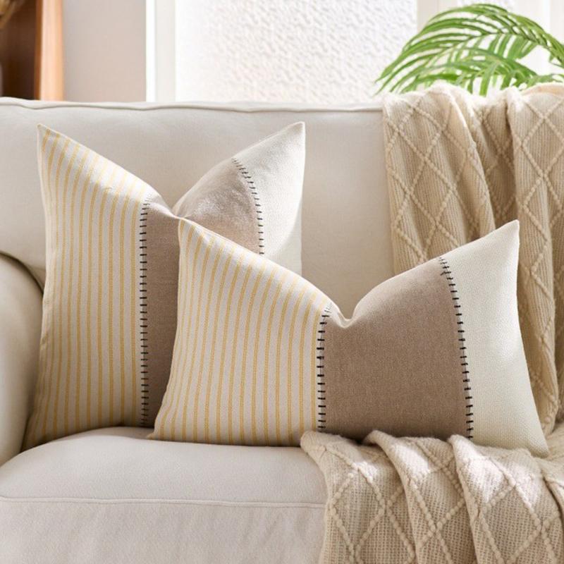 2PC Boho Cushion Cover, Stripe Cotton Patchwork Pillowcase with Hidden Zipper, Farmhouse Accent Throw Pillow Cover for Couch Bed