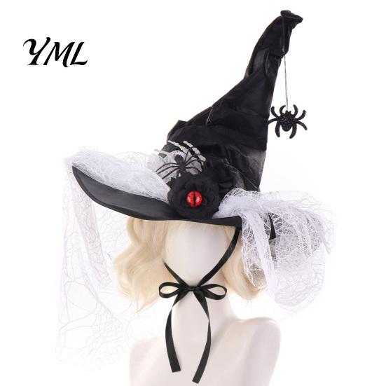 Gothic Princess Headpiece Halloween Witch Hat for Women, Spider Web Mesh Skeleton Hand Multi Layered Lace Decor Rose Flower Wizard Costume,