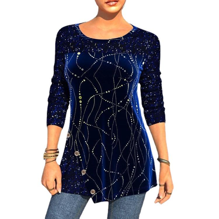 

Женские топы с длинными рукавами и блестками, женская свободная тонкая футболка с круглым вырезом 5XL синий