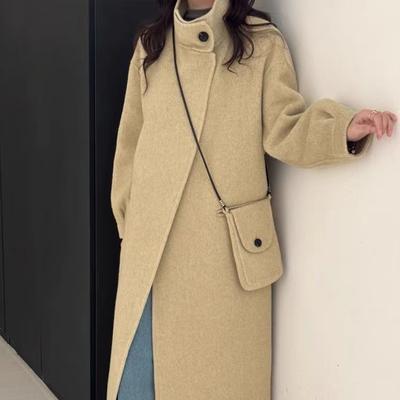Comes with A Small Cross-body Bag. Designed with A Stand-up Collar and Double-sided Wool Coat. Medium-length and Slimming Woolen Coat for Women.