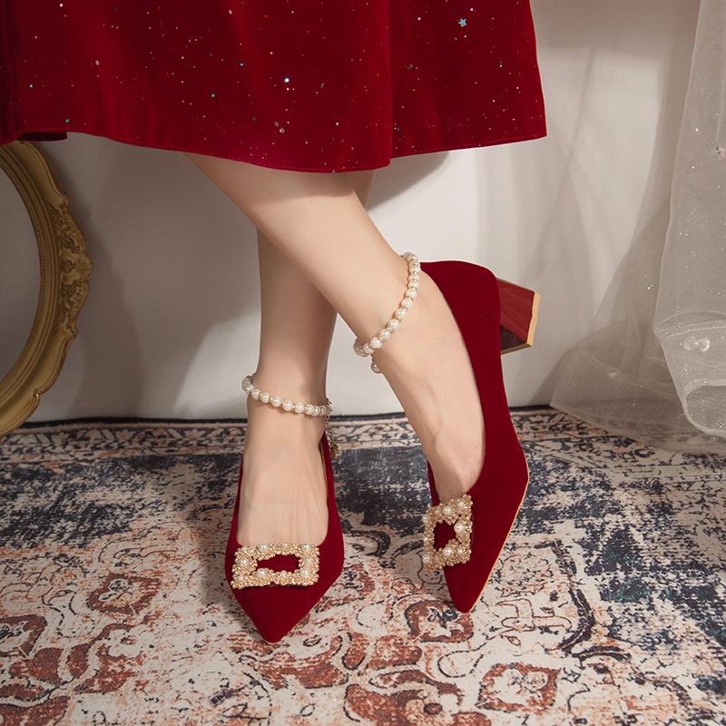 Fashion Women's Coarse Heel Shoes Autumn New Pointed Head Shallow Mouth Suede Butterfly Diamond-resistant Low Top Shoes