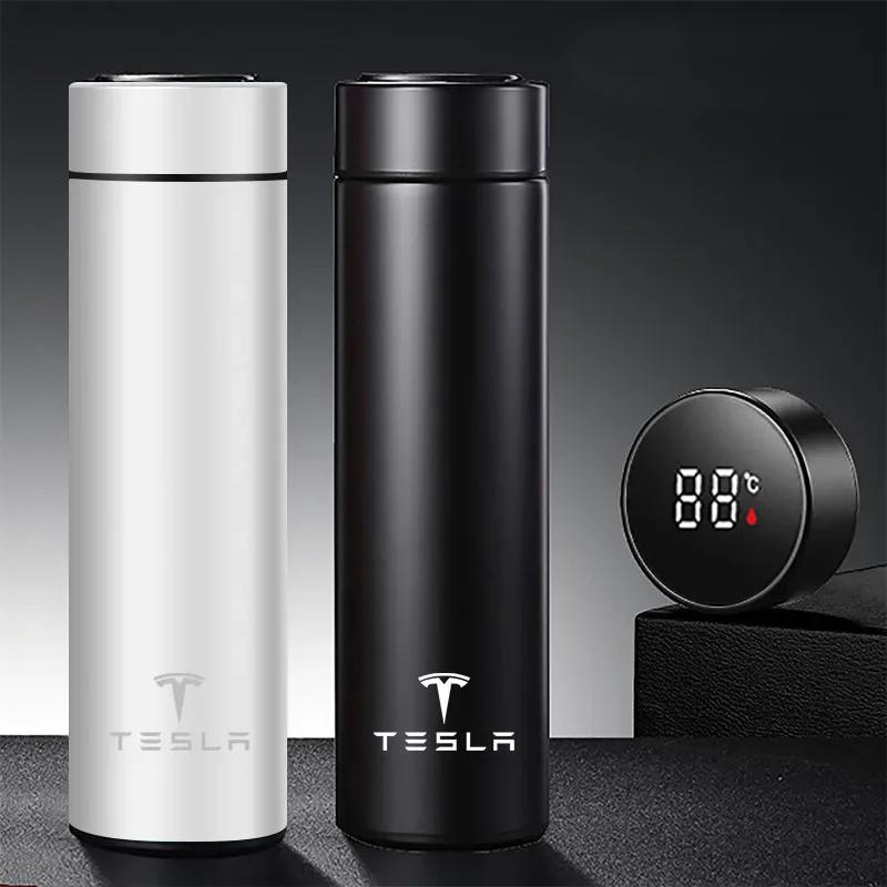 Car Sticker Tesla 500ml Portable Car Smart Thermos Water Bottle Cup Auto Accessories For Tesla Model 3 Y S X Cybertruck Juguete