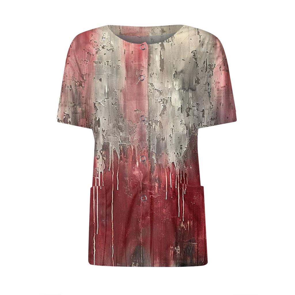 Buzunare cu model cu mâneci scurte pentru femei, guler ridicat cu imprimeu de lucru, îmbrăcăminte de protecție la un singur piept, jachetă cardigan, top