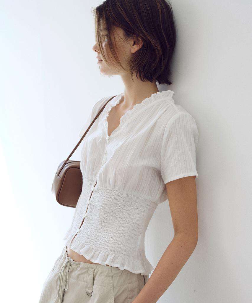 Yulago Smocked Frill Blouse_Ivory