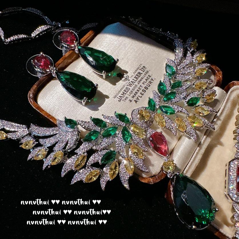 Mojito Wing Gemstone Necklace, Rich Woman'S Happiness, 18K Gold-Plated, Emerald Colored Treasure Water Drop Zircon Earrings.