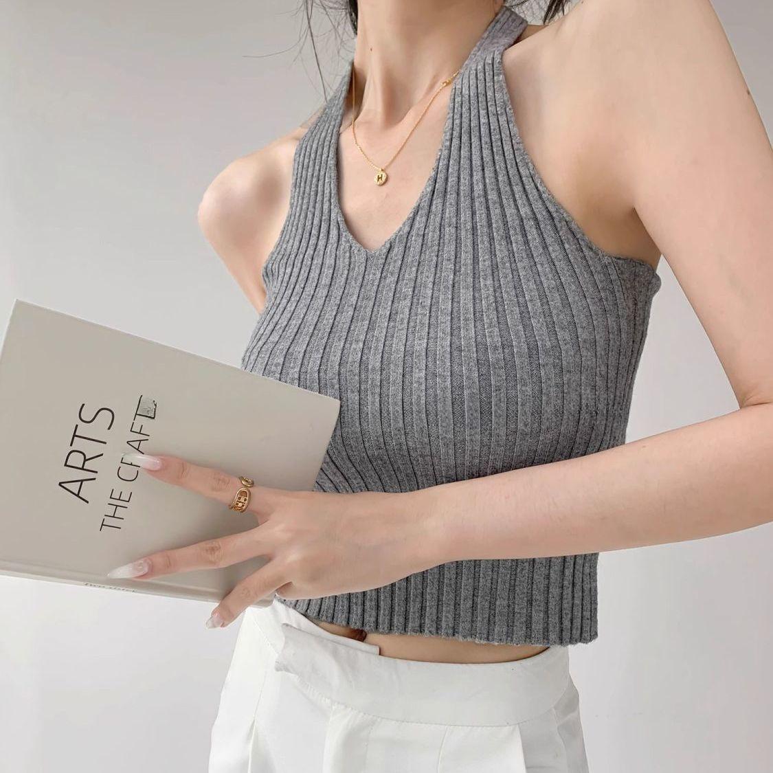 

One-piece Camisole Tank Top Outerwear Women s Elegant Sleeveless Summer Inner and Outer Wear Backless Hot Girl Knitted Top L