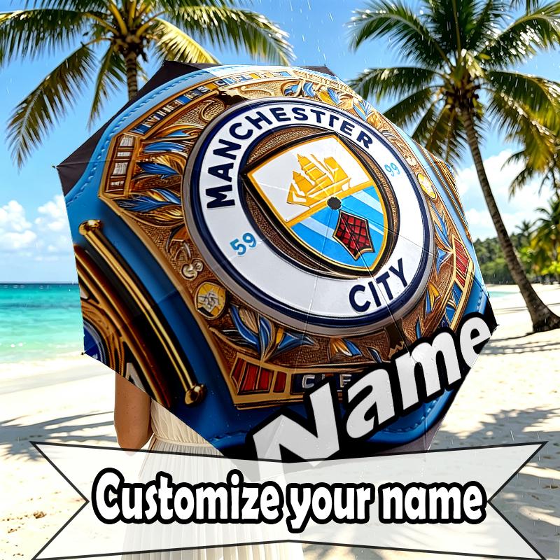 Custom Name Personalized Manchester City FC Print Umbrella, Auto Open Close, 8‑Rib Sturdy Frame, Commute Camping Hiking Use, Birthday Gift