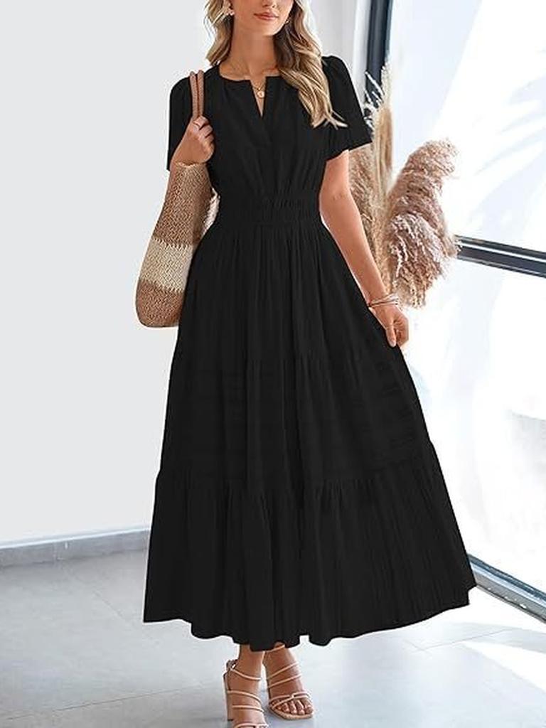 Spring/Summer Women's Fashion V-Neck Ruffled Bubble Sleeve Layered Maxi Dress for Women