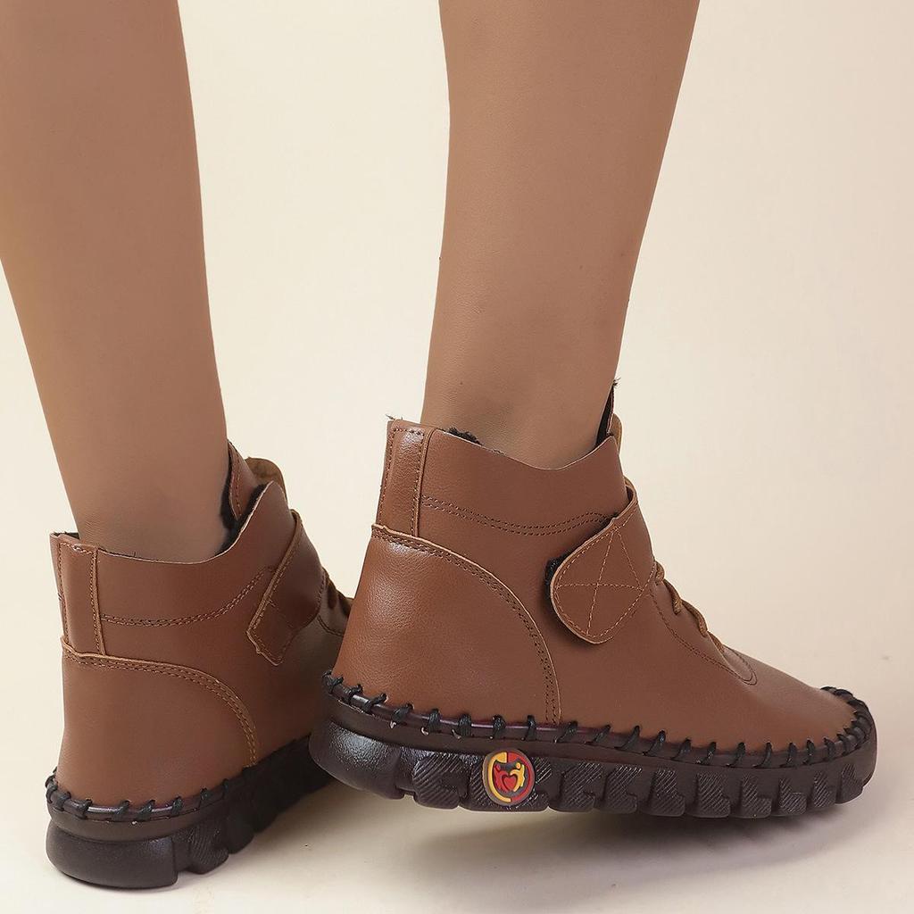 2024 Autumn/Winter Plus Size Women’s Leather Ankle Boots, Round Toe Flat Heel Velcro Style