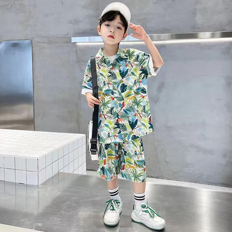 Boys' Hawaiian Floral Shirt & Shorts Set - Stylish Summer Beachwear for Kids