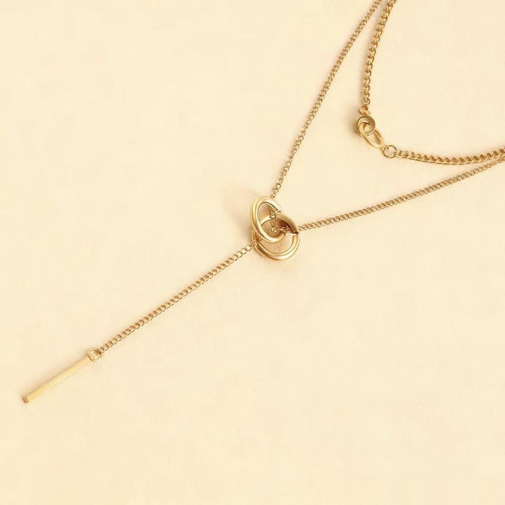 Trendy Double-Ring Pendant Tassel Necklace with Long Bar Clavicle Chain
