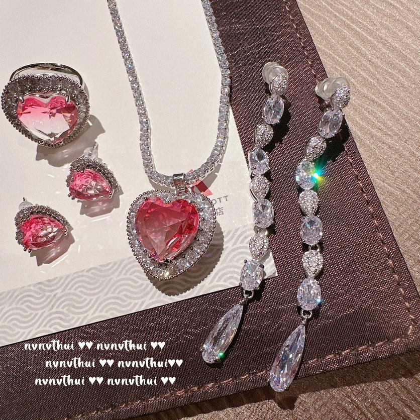 Papalacha Pink Gemstone Love Necklace, Princess On The Run, 18K Gold Plated Gradual Change Powder, Zircon Heart Ring