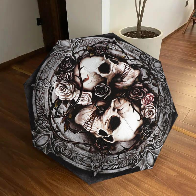 1 Stück Kreisförmiger Regenschirm mit Totenköpfen und Rosen und Kunststoffgriff, Geeignet für alle Jahreszeiten, Zuhause, Reisen, Outdoor-RegenschirmDD051