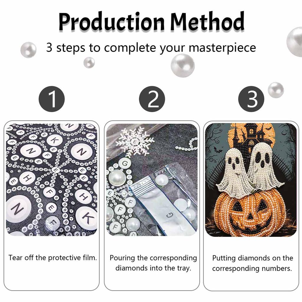 Frameless Pearl Painting Kit Pumpkin Ghost Castle Pattern DIY Shiny Bead Canvas Creative Craft for Adults Home Decor Festival Ornament