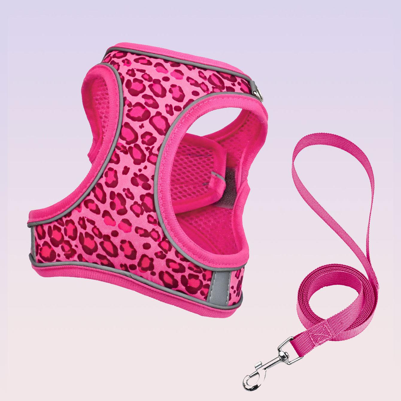 DH009-Imbracatura Regolabile con Stampa Leopardo per Gatti e Cani, Imbracatura a Pettorina in Rete Traspirante e Delicata sulla Pelle, Guinzaglio da 1,5 Metri, Leggera XS（old） pink