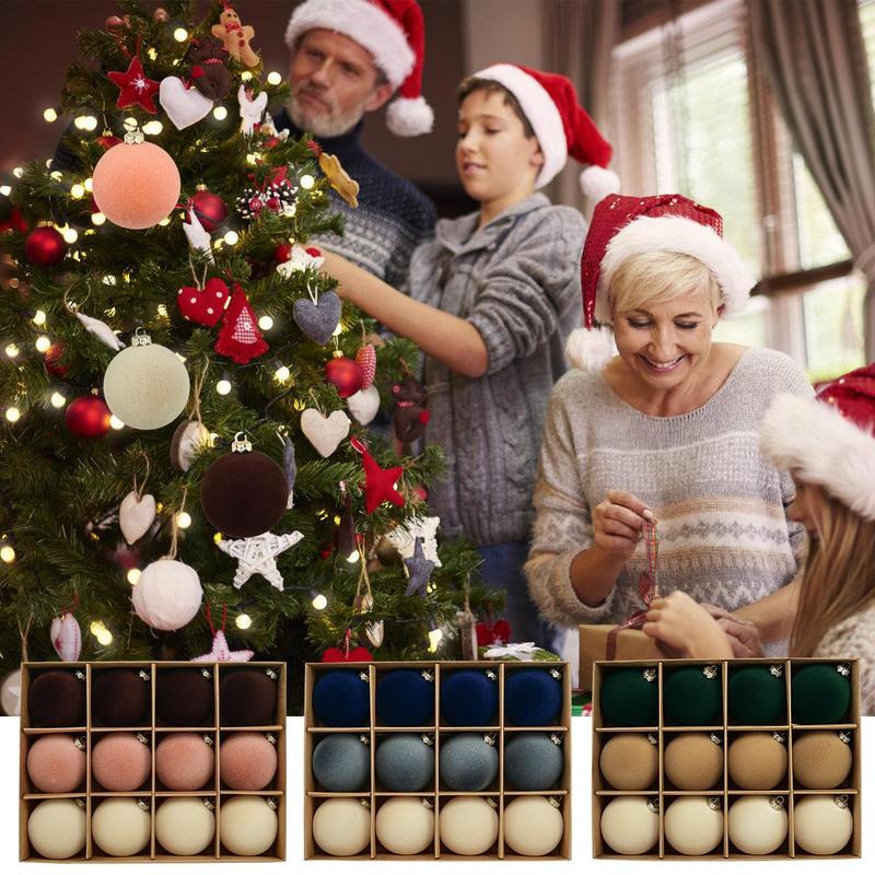 12Pcs Decorative Flocked Velvet Christmas Balls for Tree Ornaments Christmas Tree Decoration with Tree Pendants Party Supplies