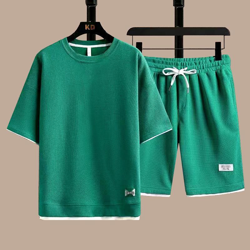 Trendy Summer Waffle T-Shirt & Shorts Set - Youthful, Handsome Sportswear